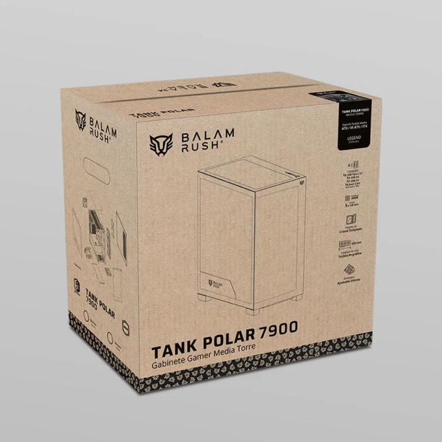 Gabinete Balam Rush Tank Polar 7900 | Media Torre | ATX / Micro ATX / Mini ITX | 2 x USB-A / 1 x USB-C | Incluye 5 Ventiladores ARGB | Cristal Templado Panorámico | Negro | BR-941471
