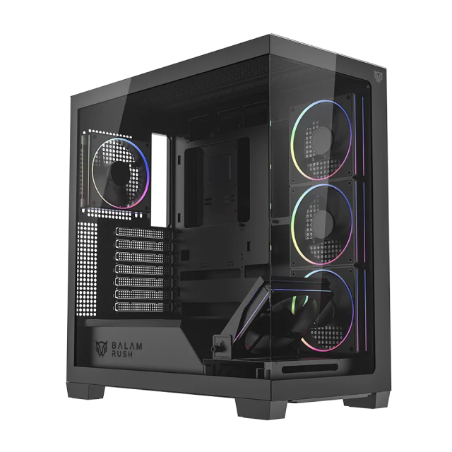 Gabinete Balam Rush Tank Polar 7900 | Media Torre | ATX / Micro ATX / Mini ITX | 2 x USB-A / 1 x USB-C | Incluye 5 Ventiladores ARGB | Cristal Templado Panorámico | Negro | BR-941471