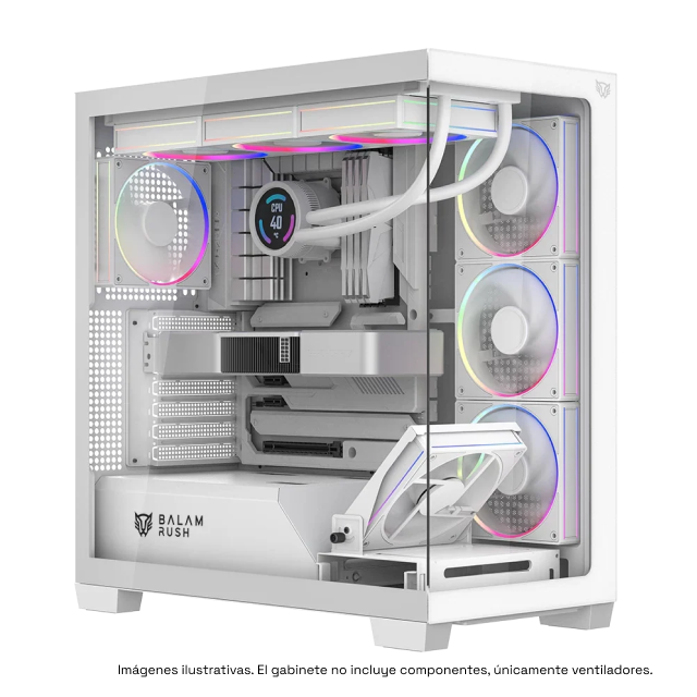 Gabinete Balam Rush Tank Polar 7900 | Media Torre | ATX / Micro ATX / Mini ITX | 2 x USB-A / 1 x USB-C | Incluye 5 Ventiladores ARGB | Cristal Templado Panorámico | Blanco | BR-941488