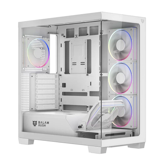 Gabinete Balam Rush Tank Polar 7900 | Media Torre | ATX / Micro ATX / Mini ITX | 2 x USB-A / 1 x USB-C | Incluye 5 Ventiladores ARGB | Cristal Templado Panorámico | Blanco | BR-941488
