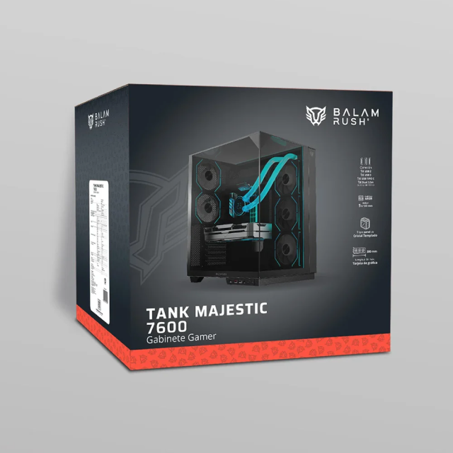 Gabinete Balam Rush TANK MAJESTIC 7600 | Midi-Tower | ATX / Micro-ATX / Mini-ITX | USB 2.0 / USB 3.0 | Sin Fuente | 5 Ventiladores Instalados | Negro | BR-941495