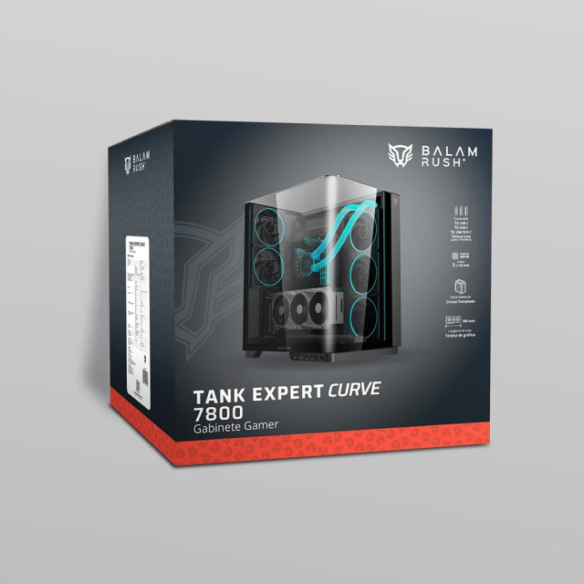 Gabinete Balam Rush Tank Expert Curve 7800 | Media Torre | ATX / Micro-ATX / Mini-ITX | USB-A 3.0 / USB 2.0 / USB-C 3.1 | 5 Ventiladores ARGB Preinstalados | Diseño Curvo con Cristal Templado | Doble Cámara | Negro | BR-941556