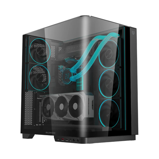 Gabinete Balam Rush Tank Expert Curve 7800 | Media Torre | ATX / Micro-ATX / Mini-ITX | USB-A 3.0 / USB 2.0 / USB-C 3.1 | 5 Ventiladores ARGB Preinstalados | Diseño Curvo con Cristal Templado | Doble Cámara | Negro | BR-941556