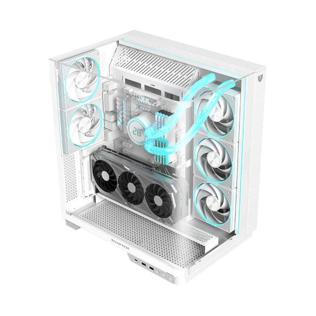 Gabinete Balam Rush Tank Expert Curve 7800 | Media Torre | ATX / Micro-ATX / Mini-ITX | USB-C / USB 3.0 / USB 2.0 | Cristal Templado Curvo | Doble Cámara | Incluye 5 Ventiladores ARGB | Blanco | BR-941563