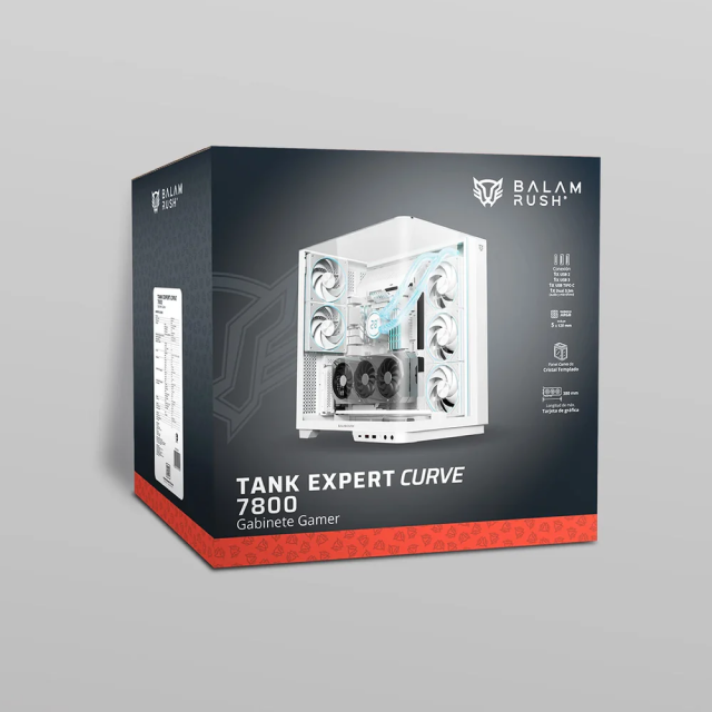 Gabinete Balam Rush Tank Expert Curve 7800 | Media Torre | ATX / Micro-ATX / Mini-ITX | USB-C / USB 3.0 / USB 2.0 | Cristal Templado Curvo | Doble Cámara | Incluye 5 Ventiladores ARGB | Blanco | BR-941563