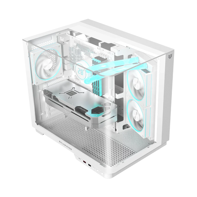 Gabinete Balam Rush Tank Expert Curve 6800 | Media Torre | ATX / Micro-ATX / Mini-ITX | USB-C / USB 2.0 / USB 3.0 | Cristal Templado Curvo | Doble Cámara | Incluye 3 Ventiladores | Blanco | BR-941587