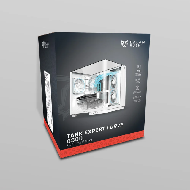 Gabinete Balam Rush Tank Expert Curve 6800 | Media Torre | ATX / Micro-ATX / Mini-ITX | USB-C / USB 2.0 / USB 3.0 | Cristal Templado Curvo | Doble Cámara | Incluye 3 Ventiladores | Blanco | BR-941587