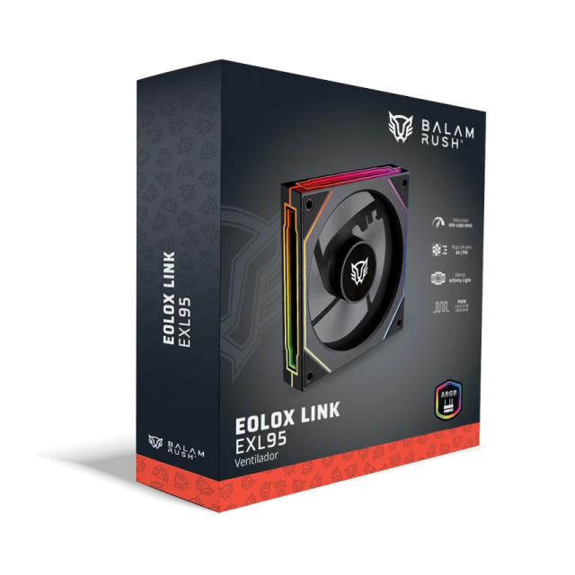Ventilador Balam Rush Eolox Link EXL95 | 120mm | 600 a 1800 RPM | 30 dB | 4 Pines | ARGB | Negro | BR-942348