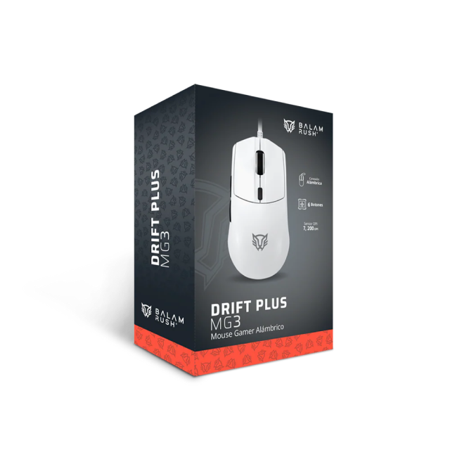 Mouse Gamer Alámbrico Balam Rush Drift Plus MG3 | 800 a 7,200 DPI | Sensor Óptico Instant 725F | 70 g | 6 Botones | RGB | Blanco | BR-943529