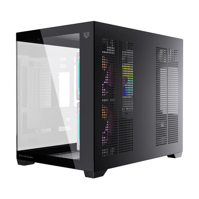 Gabinete Balam Rush Tank Core Pro GI925 | Mini Torre | Micro-ATX / Mini-ITX | USB 3.0 / USB 2.0 | 3 Ventiladores ARGB Pre-Instalados | Cristal Templado Panorámico | Negro | BR-943840