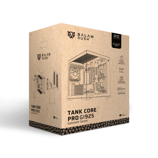 Gabinete Balam Rush Tank Core Pro GI925 | Mini Torre | Micro-ATX / Mini-ITX | USB 3.0 / USB 2.0 | 3 Ventiladores ARGB Pre-Instalados | Cristal Templado Panorámico | Negro | BR-943840