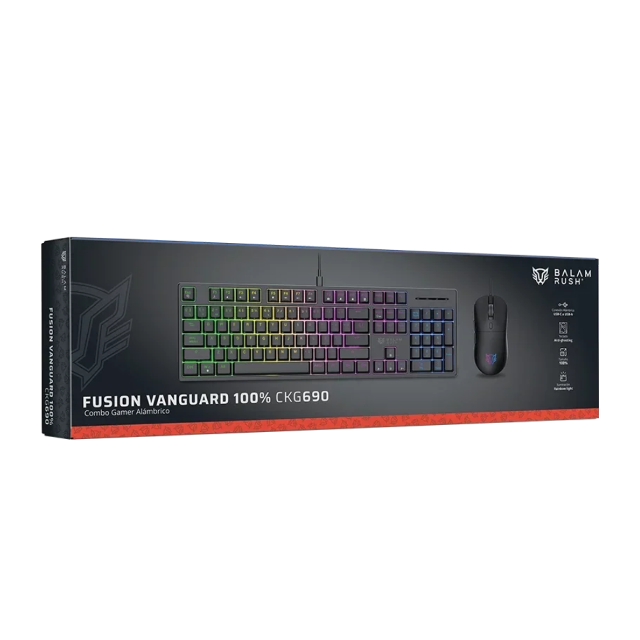 Kit de Teclado y Mouse Alámbrico Balam Rush Fusion Vanguard CKG690 | Mecánico | 100% | Switch Lineal Red | 1200 a 3600 DPI | Sensor Óptico | USB-A | Windows / Mac / Android | Español | RGB Rainbow | Negro | BR-945745