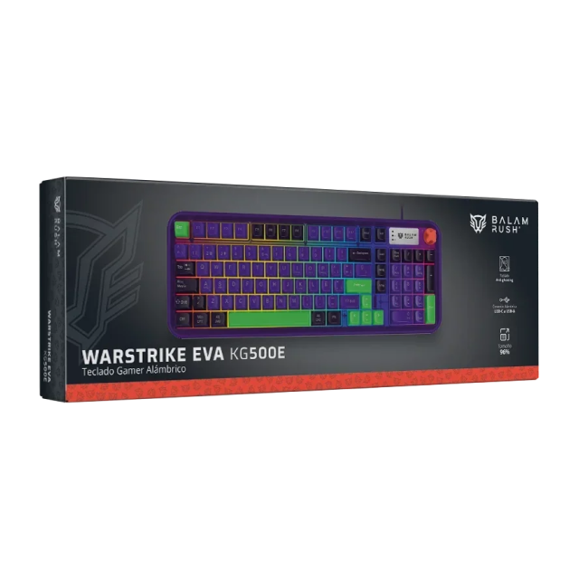 Teclado de Membrana Alámbrico Balam Rush Warstrike Eva KG500E | 96% | Perilla Multimedia | Español | RGB | Morado / Verde / Negro | BR-945806