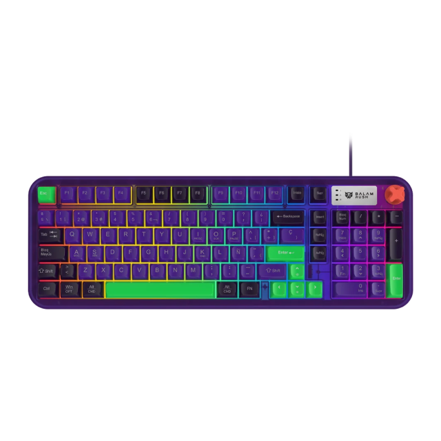 Teclado de Membrana Alámbrico Balam Rush Warstrike Eva KG500E | 96% | Perilla Multimedia | Español | RGB | Morado / Verde / Negro | BR-945806