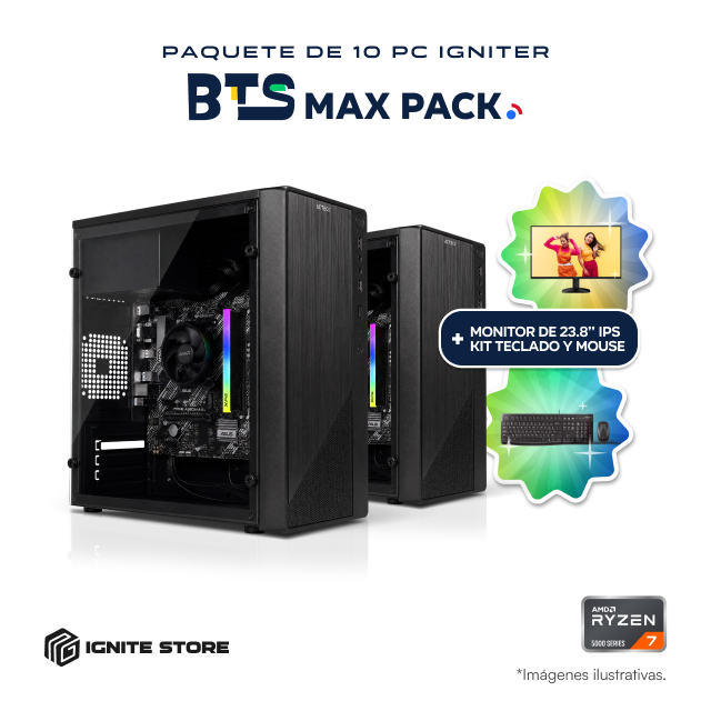 Paquete 10 PC Igniter BTS Max Pack | Equipos de Cómputo para Oficina y Escuela | AMD Ryzen 7 5700G | 16GB DDR4 | SSD 480GB + Monitor 23.8" IPS + Kit Teclado y Mouse + Adaptador Wi-Fi de Regalo