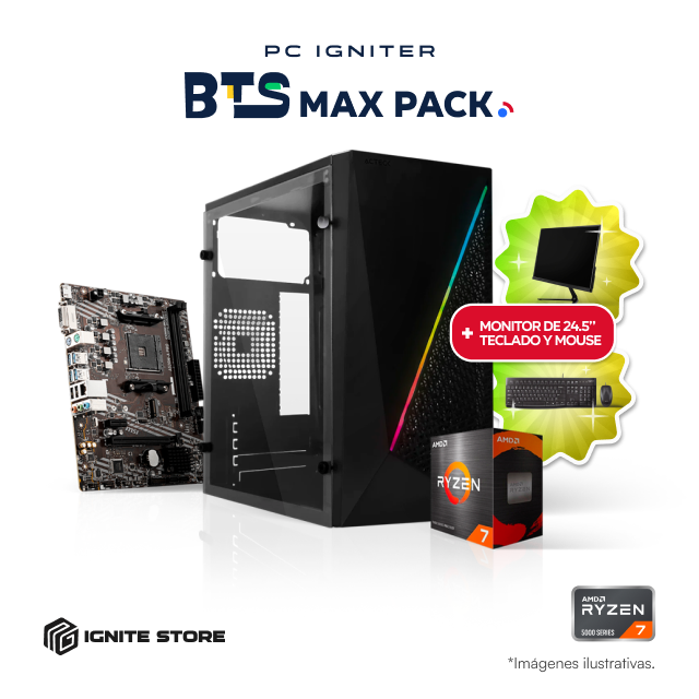 PC Igniter BTS Max Pack | R7 5700G | 16GB de RAM | SSD 500GB + Kit Teclado y Mouse + Monitor 24.5" + Adaptador Wi-Fi