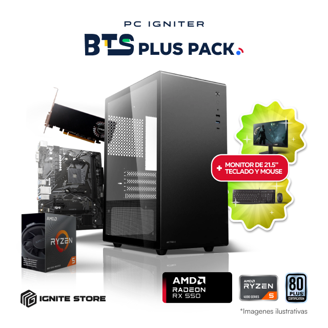 PC Igniter BTS Plus Pack | R5 4500 | RX550 2GB | 16GB de RAM | SSD 500GB + Kit Teclado y Mouse + Monitor 23.8"" + Adaptador Wi-Fi