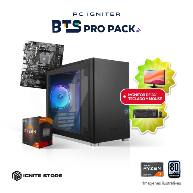 PC Igniter BTS Pro Pack | R3 5300G | 16GB de RAM | SSD 512GB + Kit Teclado y Mouse + Monitor 24" + Adaptador Wi-Fi