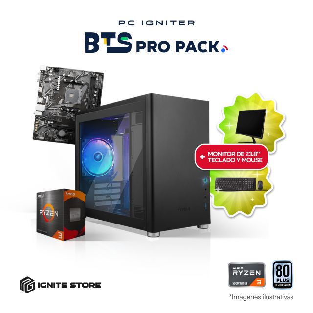 PC Igniter BTS Pro Pack | R3 5300G | 16GB de RAM | SSD 512GB + Kit Teclado y Mouse + Monitor 23.8" + Adaptador Wi-Fi