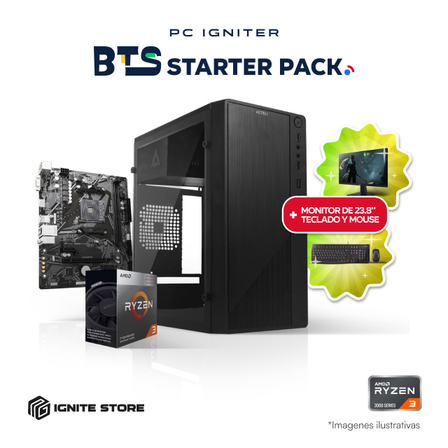 PC Igniter BTS Starter Pack | R3 3200G | 16GB RAM | SSD 500GB + Kit Teclado y Mouse + Monitor 23.8" + Adaptador Wi-Fi