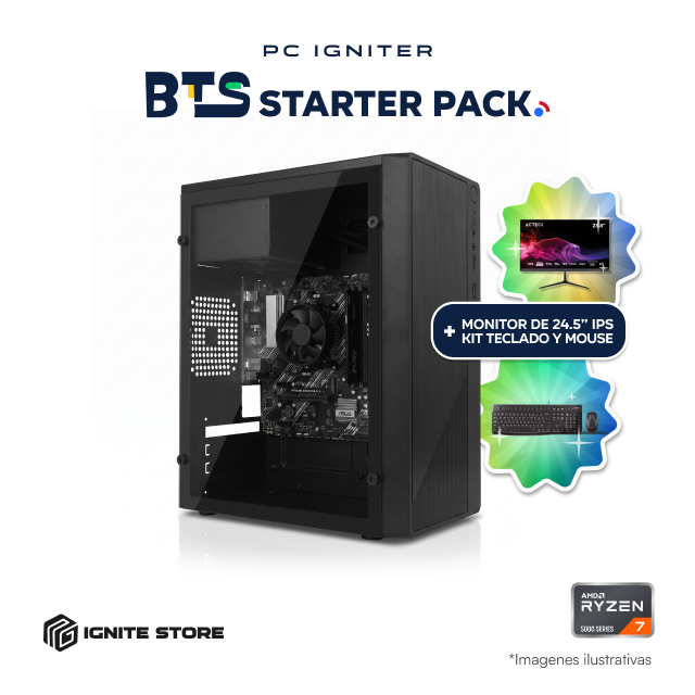 PC Igniter BTS Starter Pack | AMD Ryzen 7 5700G | 8GB RAM DDR4 | SSD 500GB M.2 + Monitor de 24.5" + Kit de Teclado y Mouse + Adaptador Wi-Fi de Regalo