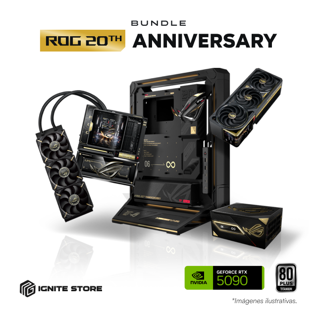 Bundle ASUS ROG Edition 20 | Tarjeta Madre ROG Crosshair X870E | Tarjeta de Video ROG Astral GeForce RTX 5090 | Fuente de Poder ROG Thor 3000W Titanium III | Gabinete ROG GR20 | No Incluye Procesador / RAM / Almacenamiento | ASUS ROG 20th Anniversary
