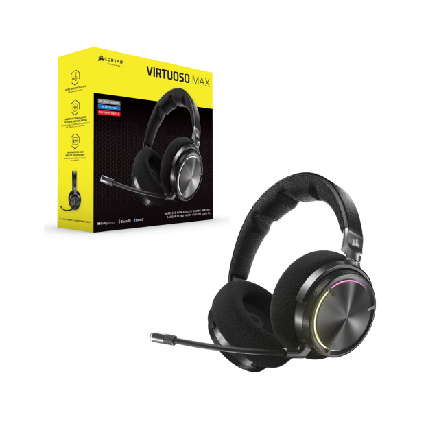 Diadema Gamer Inalámbrica CORSAIR VIRTUOSO MAX WIRELESS | Transductores de Grafeno de 50 mm | Hasta 60 Horas de Batería | Dolby Atmos | Cancelación Activa de Ruido | Bluetooth 5.3 / 2.4 GHz | PC / Mac / Móvil / PS / Switch | RGB | Negro | CA-9011372-WW