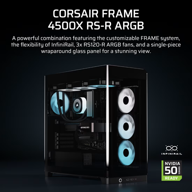 Gabinete Corsair FRAME 4500X RS-R ARGB | Torre Completa | E-ATX / ATX / Micro-ATX / Mini-ITX | USB 3.2 / USB-A / USB-C | Cristal Templado Panorámico Curvo | Incluye 3 Ventiladores ARGB | Negro | CC-9011314-WW
