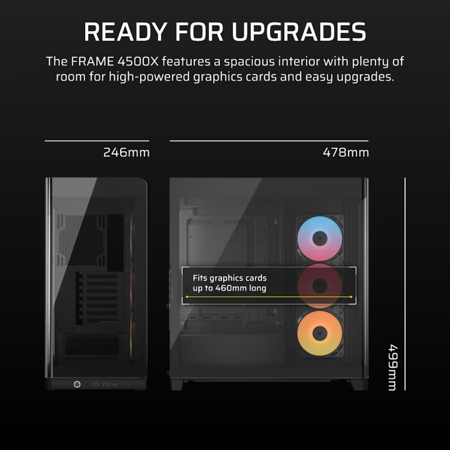 Gabinete Corsair FRAME 4500X RS-R ARGB | Torre Completa | E-ATX / ATX / Micro-ATX / Mini-ITX | USB 3.2 / USB-A / USB-C | Cristal Templado Panorámico Curvo | Incluye 3 Ventiladores ARGB | Negro | CC-9011314-WW