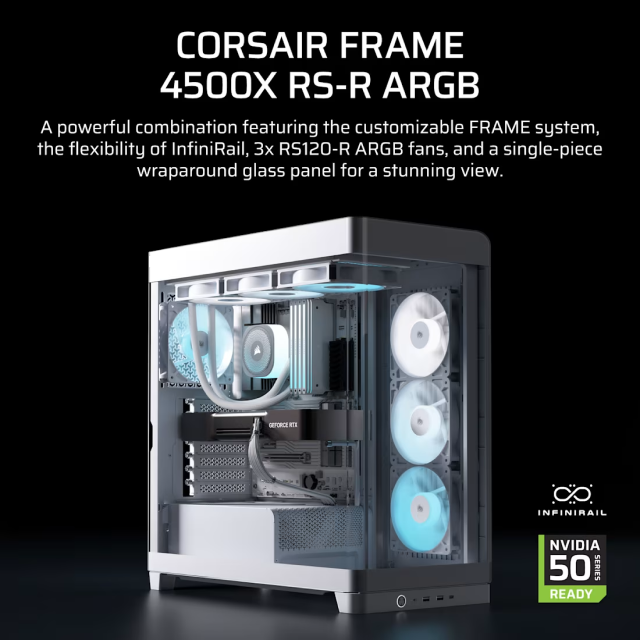 Gabinete Corsair FRAME 4500X RS-R ARGB | Torre Completa | E-ATX / ATX / Micro-ATX / Mini-ITX | USB 3.2 / USB-A / USB-C | Cristal Templado Panorámico Curvo | Incluye 3 Ventiladores ARGB | Blanco | CC-9011315-WW