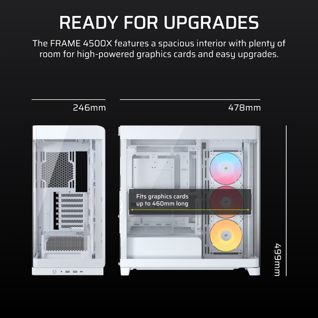 Gabinete Corsair FRAME 4500X RS-R ARGB | Torre Completa | E-ATX / ATX / Micro-ATX / Mini-ITX | USB 3.2 / USB-A / USB-C | Cristal Templado Panorámico Curvo | Incluye 3 Ventiladores ARGB | Blanco | CC-9011315-WW