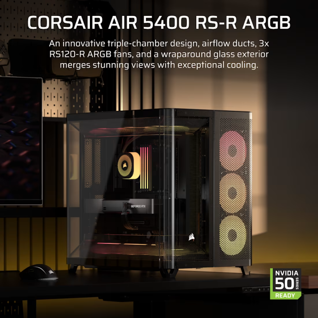 Gabinete Corsair Air 5400 RS ARGB | Media Torre | E-ATX / ATX / Micro-ATX / Mini-ITX | USB-A 3.2 / USB-C 3.2 | 3 Ventiladores ARGB Preinstalados | Diseño Panorámico con Cristal Templado | Triple Cámara | Negro | CC-9011318-WW