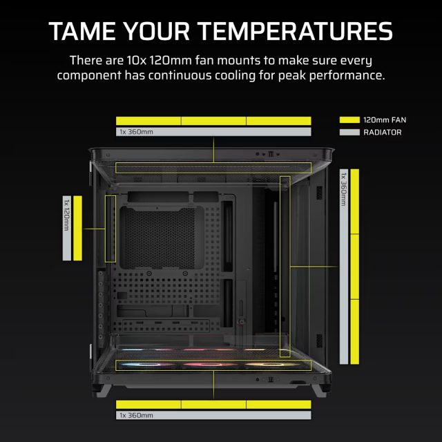 Gabinete Corsair Air 5400 RS ARGB | Media Torre | E-ATX / ATX / Micro-ATX / Mini-ITX | USB-A 3.2 / USB-C 3.2 | 3 Ventiladores ARGB Preinstalados | Diseño Panorámico con Cristal Templado | Triple Cámara | Negro | CC-9011318-WW