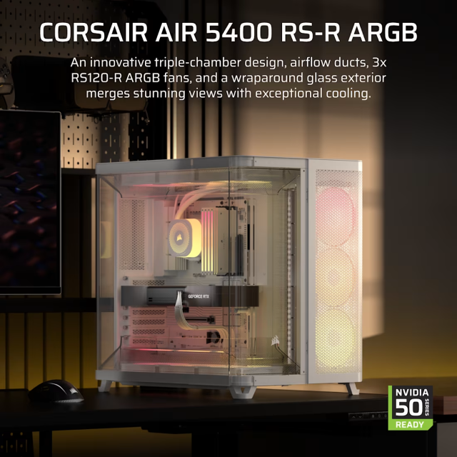 Gabinete Corsair Air 5400 RS ARGB | Media Torre | E-ATX / ATX / Micro-ATX / Mini-ITX | USB 3.2 | 3 Ventiladores ARGB Preinstalados | Diseño Panorámico con Cristal Templado | Triple Cámara | Blanco | CC-9011319-WW