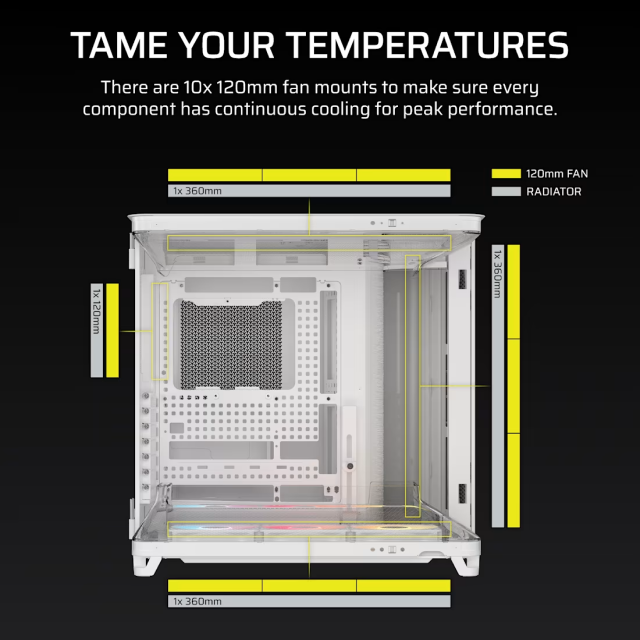 Gabinete Corsair Air 5400 RS ARGB | Media Torre | E-ATX / ATX / Micro-ATX / Mini-ITX | USB 3.2 | 3 Ventiladores ARGB Preinstalados | Diseño Panorámico con Cristal Templado | Triple Cámara | Blanco | CC-9011319-WW