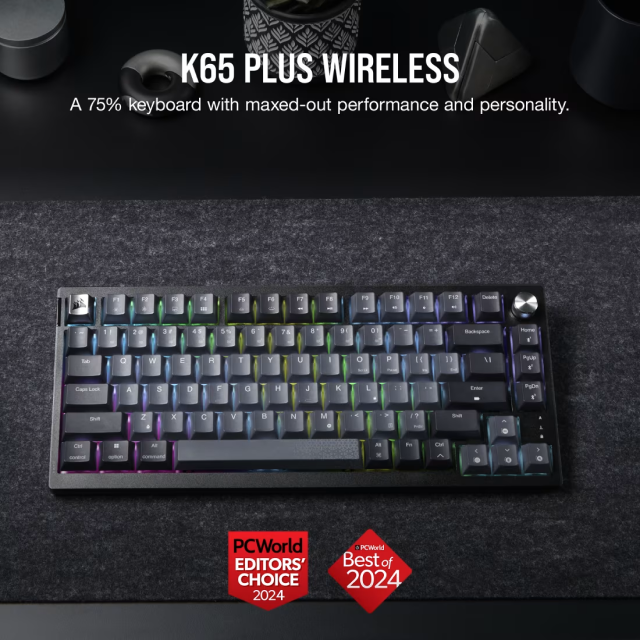 Teclado Gamer Mecánico Inalámbrico Corsair K65 PLUS WIRELESS | 75% | Switch Red CORSAIR MLX | Hot Swap | Perilla Multimedia | Hasta 266 Horas de Batería | 2.4 GHz / Bluetooth / USB-A | Inglés | RGB | Negro / Gris | CH-91D401L-NA