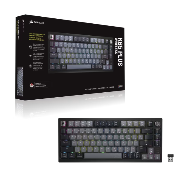Teclado Gamer Mecánico Inalámbrico Corsair K65 PLUS WIRELESS | 75% | Switch Red CORSAIR MLX | Hot Swap | Perilla Multimedia | Hasta 266 Horas de Batería | 2.4 GHz / Bluetooth / USB-A | Inglés | RGB | Negro / Gris | CH-91D401L-NA
