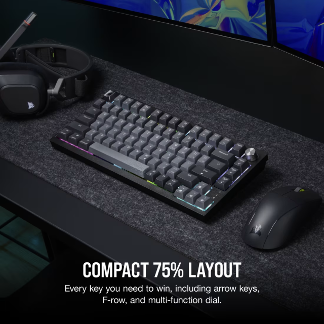Teclado Gamer Mecánico Inalámbrico Corsair K65 PLUS WIRELESS | 75% | Switch Red CORSAIR MLX | Hot Swap | Perilla Multimedia | Hasta 266 Horas de Batería | 2.4 GHz / Bluetooth / USB-A | Inglés | RGB | Negro / Gris | CH-91D401L-NA