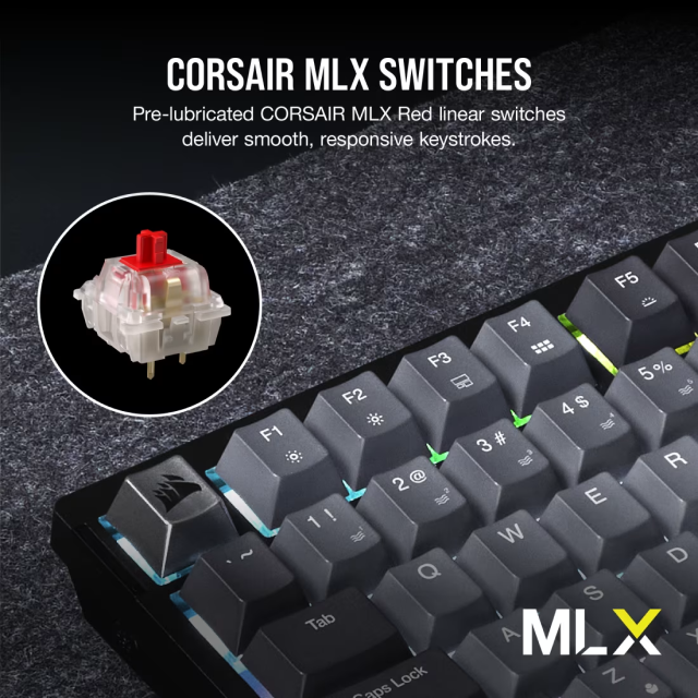 Teclado Gamer Mecánico Inalámbrico Corsair K65 PLUS WIRELESS | 75% | Switch Red CORSAIR MLX | Hot Swap | Perilla Multimedia | Hasta 266 Horas de Batería | 2.4 GHz / Bluetooth / USB-A | Inglés | RGB | Negro / Gris | CH-91D401L-NA