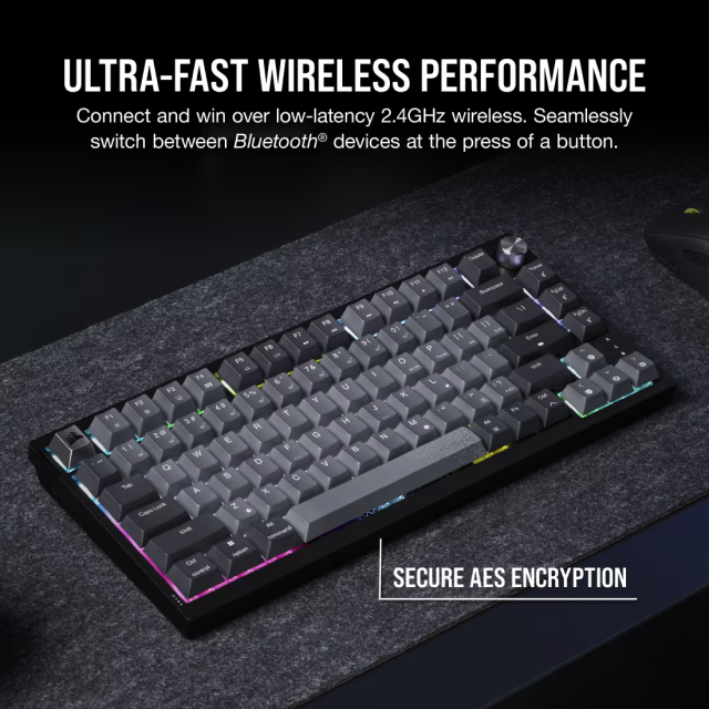 Teclado Gamer Mecánico Inalámbrico Corsair K65 PLUS WIRELESS | 75% | Switch Red CORSAIR MLX | Hot Swap | Perilla Multimedia | Hasta 266 Horas de Batería | 2.4 GHz / Bluetooth / USB-A | Inglés | RGB | Negro / Gris | CH-91D401L-NA
