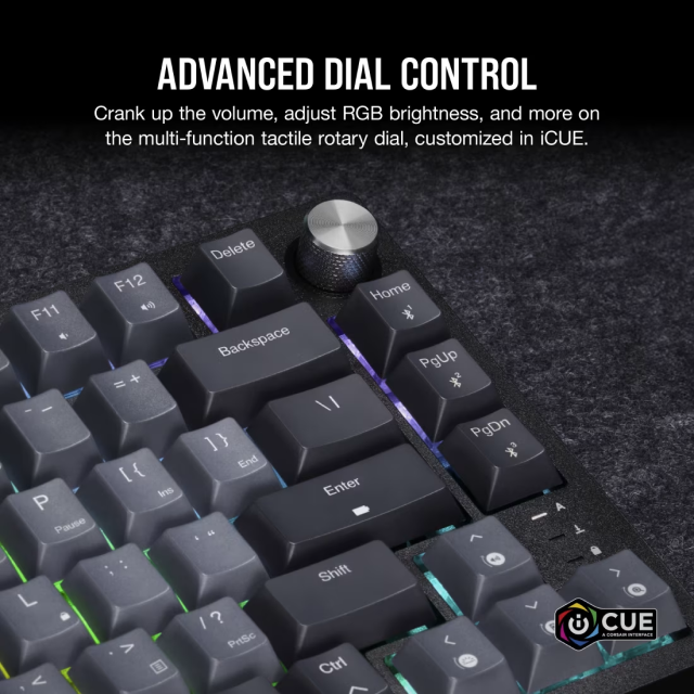 Teclado Gamer Mecánico Inalámbrico Corsair K65 PLUS WIRELESS | 75% | Switch Red CORSAIR MLX | Hot Swap | Perilla Multimedia | Hasta 266 Horas de Batería | 2.4 GHz / Bluetooth / USB-A | Inglés | RGB | Negro / Gris | CH-91D401L-NA