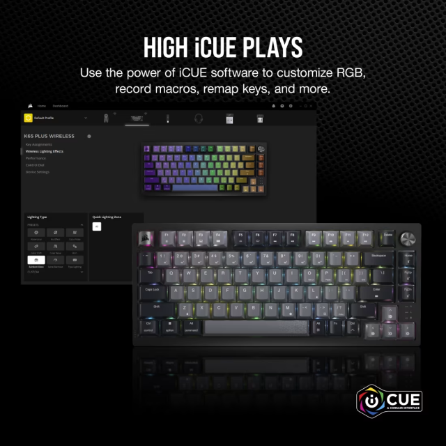 Teclado Gamer Mecánico Inalámbrico Corsair K65 PLUS WIRELESS | 75% | Switch Red CORSAIR MLX | Hot Swap | Perilla Multimedia | Hasta 266 Horas de Batería | 2.4 GHz / Bluetooth / USB-A | Inglés | RGB | Negro / Gris | CH-91D401L-NA