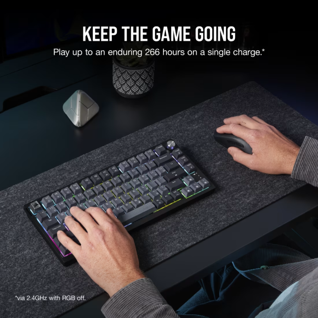 Teclado Gamer Mecánico Inalámbrico Corsair K65 PLUS WIRELESS | 75% | Switch Red CORSAIR MLX | Hot Swap | Perilla Multimedia | Hasta 266 Horas de Batería | 2.4 GHz / Bluetooth / USB-A | Inglés | RGB | Negro / Gris | CH-91D401L-NA