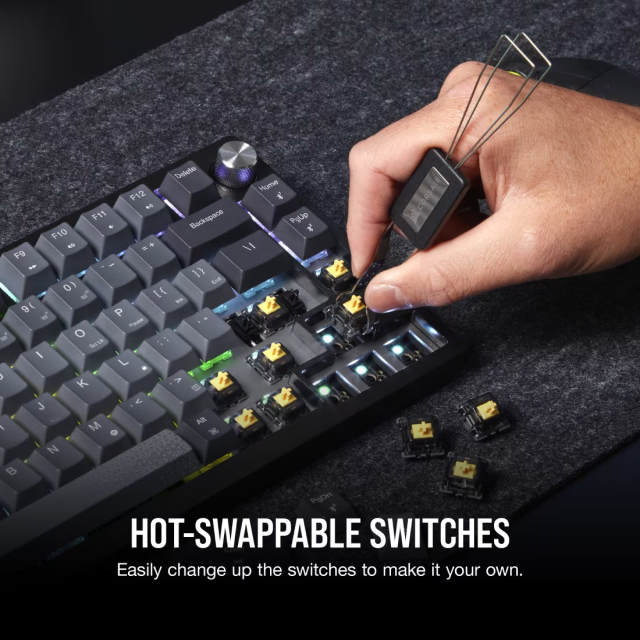 Teclado Gamer Mecánico Inalámbrico Corsair K65 PLUS WIRELESS | 75% | Switch Red CORSAIR MLX | Hot Swap | Perilla Multimedia | Hasta 266 Horas de Batería | 2.4 GHz / Bluetooth / USB-A | Inglés | RGB | Negro / Gris | CH-91D401L-NA