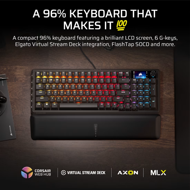 Teclado Gamer Mecánico Alámbrico Corsair VANGUARD 96 | 96% | Pantalla LCD Personalizable de 1.9" | Reposamuñecas Magnético | 6 Teclas Macro Programables | Switch Linear MLX Plasma | Inglés | RGB | Negro | CH-91E901E-NA