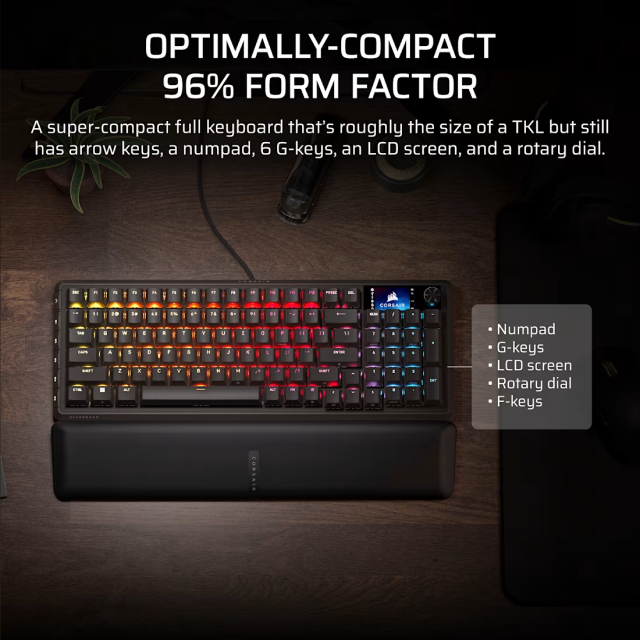 Teclado Gamer Mecánico Alámbrico Corsair VANGUARD 96 | 96% | Pantalla LCD Personalizable de 1.9" | Reposamuñecas Magnético | 6 Teclas Macro Programables | Switch Linear MLX Plasma | Inglés | RGB | Negro | CH-91E901E-NA