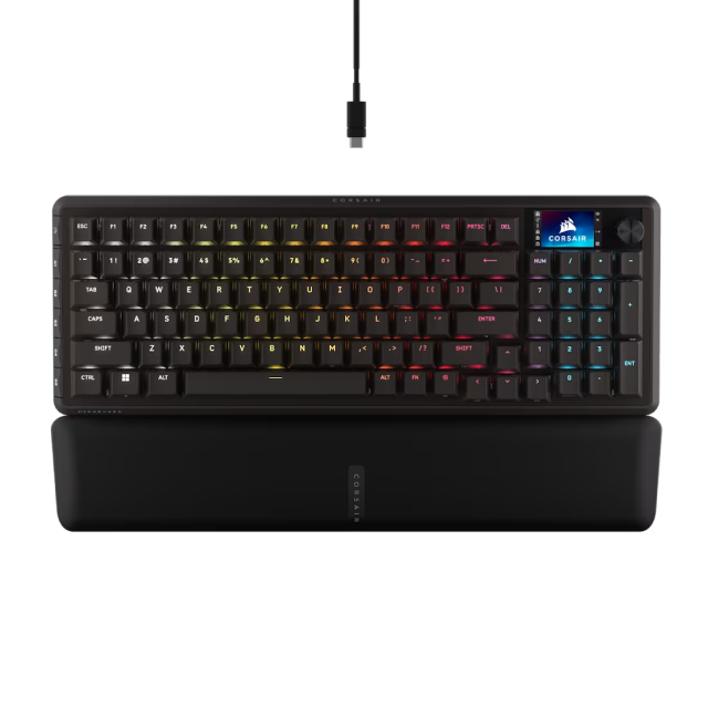 Teclado Gamer Mecánico Alámbrico Corsair VANGUARD 96 | 96% | Pantalla LCD Personalizable de 1.9" | Reposamuñecas Magnético | 6 Teclas Macro Programables | Switch Linear MLX Plasma | Inglés | RGB | Negro | CH-91E901E-NA