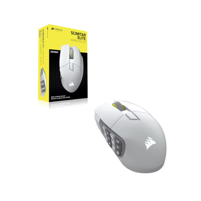 Mouse Gamer Inalámbrico CORSAIR SCIMITAR ELITE WIRELESS SE | Hasta 33000 DPI | Sensor Óptico MARKSMAN S | 114 g | 16 Botones Programables | Bluetooth / SLIPSTREAM Wireless / 2.4 GHz | Hasta 150 Horas de Batería | RGB | Blanco | CH-9314011-WW
