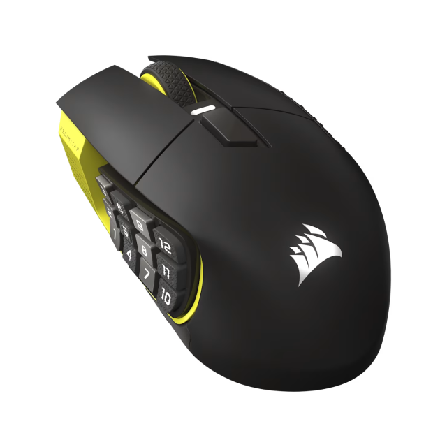 Mouse Gamer Inalámbrico Corsair SCIMITAR ELITE WIRELESS SE | Hasta 150 Horas de Batería | Hasta 33,000 DPI | Sensor Óptico MARKSMAN S | 114 g | 16 Botones Programables | 2.4GHz / Bluetooth / USB-A | RGB | Negro / Amarillo | CH-9314415-WW