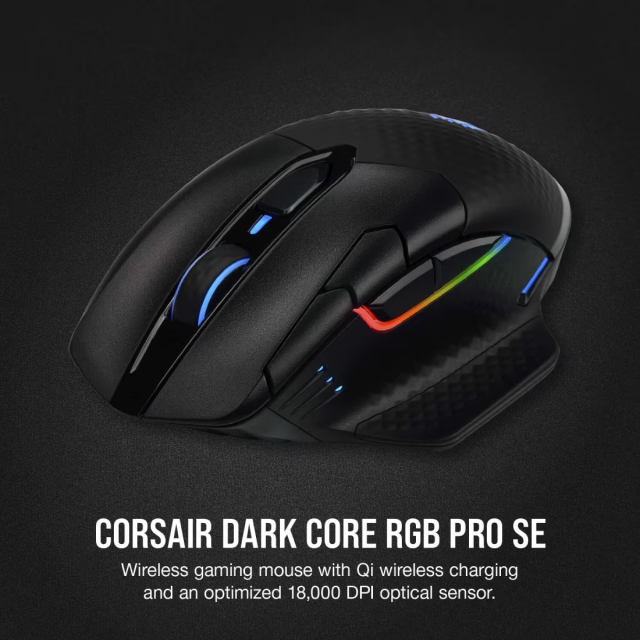 Mouse Gamer Inalámbrico Corsair DARK CORE RGB PRO SE | Hasta 24 hrs de Batería Recargable | Máx. 18,000 DPI | Sensor Óptico PixArt PAW3392 | 8 Botones Programables | Conexión 2.4GHz / Bluetooth / USB-A | RGB | Negro | CH-9315511-NA